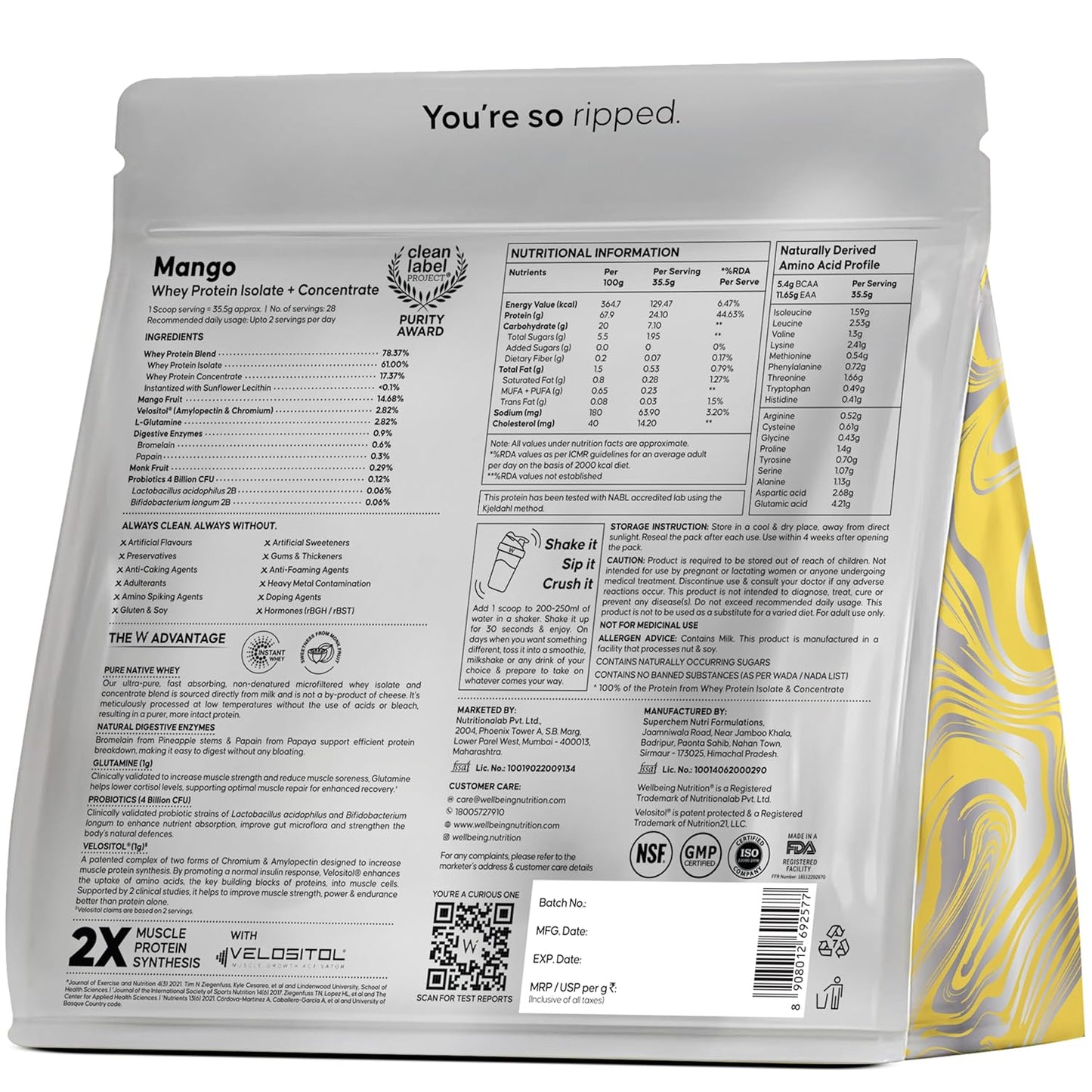 Wellbeing Nutrition Clean Whey Protein Isolate & Concentrate